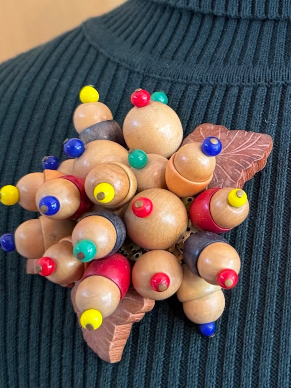 Vintage Handcrafted Czech Wooden & Painted Bead Cluster Brooch